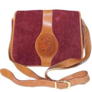 Vintage Yancci 1959 Floral Embossed‎ Suede Leather Shoulder Bag Burgundy Tan